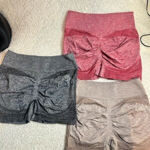 Set of Three Ruched Shorts in Pink, Gray, and Tan